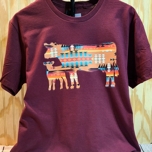 Southwestern Cow & Calf Graphic Tshirt - Tribal Aztec Print Shirt - Rustic Ranch - Picture 1 of 10